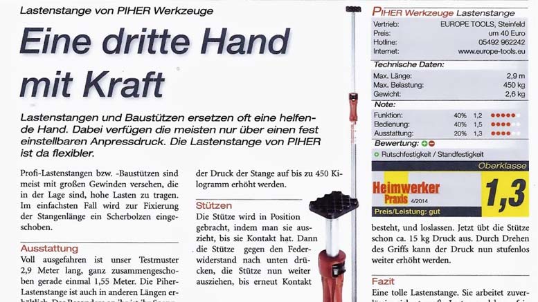 Opinión de la revista Heimwerker Praxis Alemana sobre el puntal de PIHER